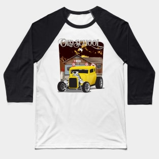 Yellow 1932 Chevy 5 Window Coupe Hot Rod Old School Print Baseball T-Shirt